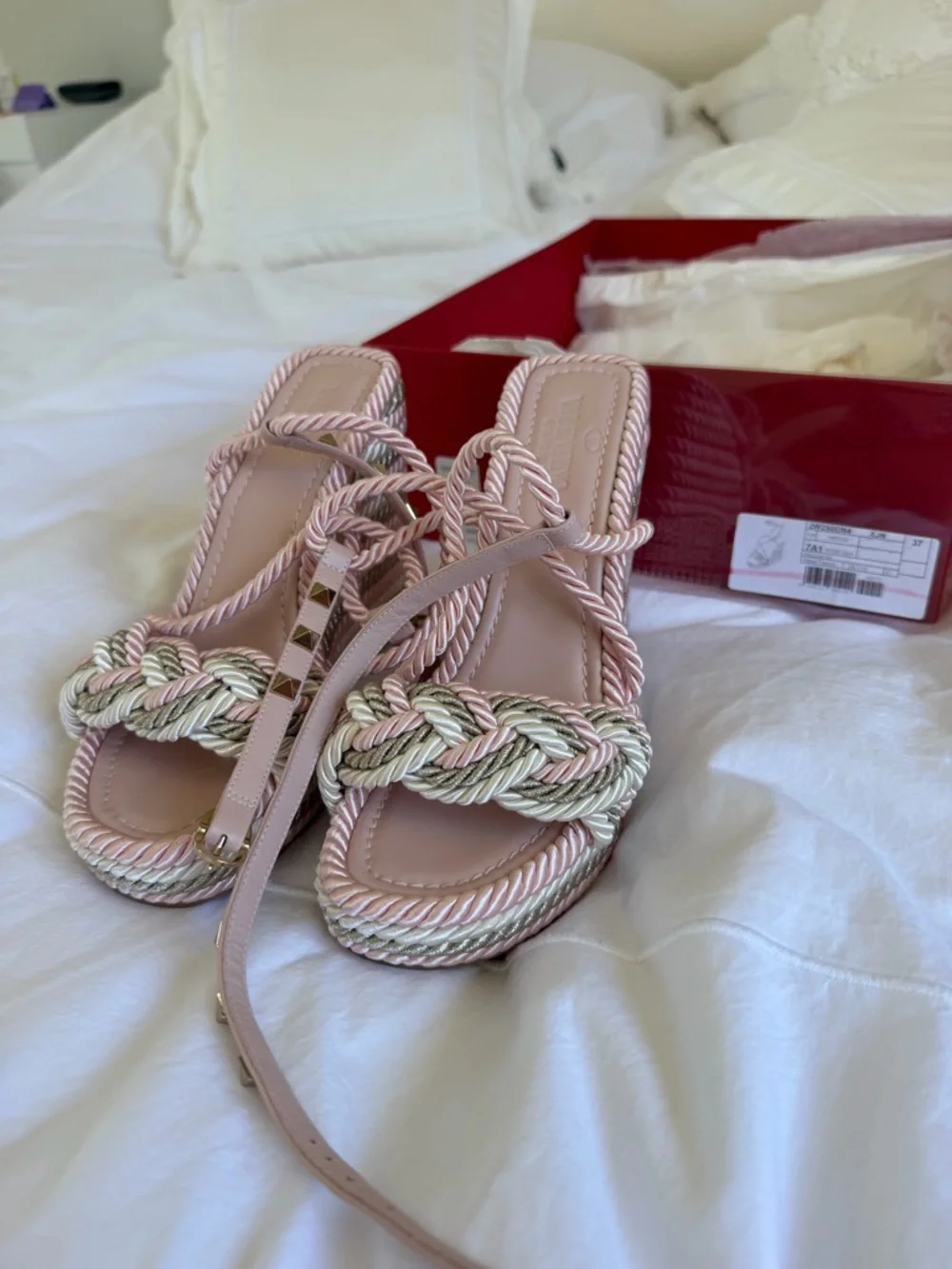 Valentino Pink Braided Rope Wedge Sandals with Gold Studs - Picture 5 of 8